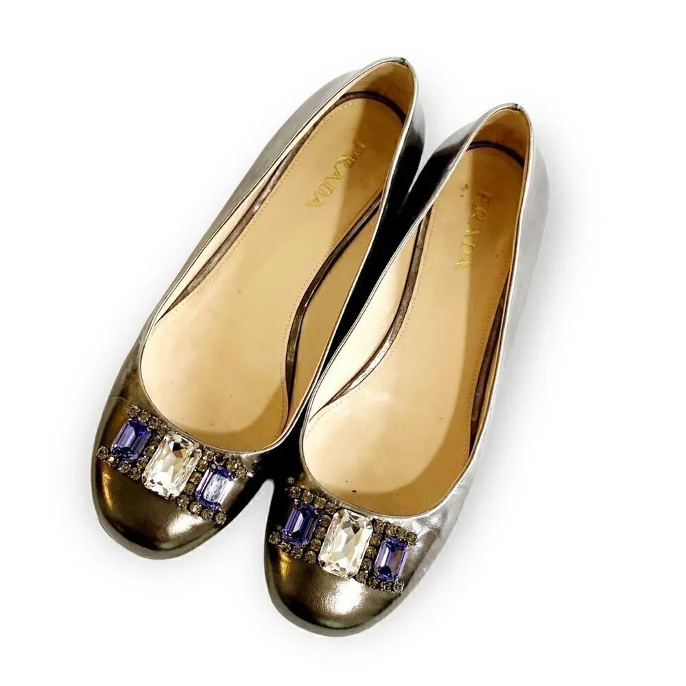 Prada pewter leather jewelled flats, size 38.5 EU